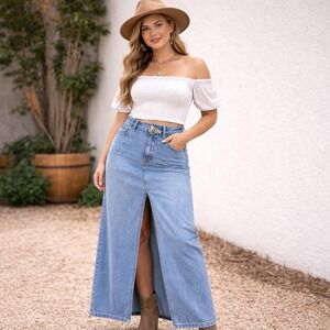 Abercrombie & Fitch High Rise Denim Maxi Skirt Front Slit Boho Western Country 6